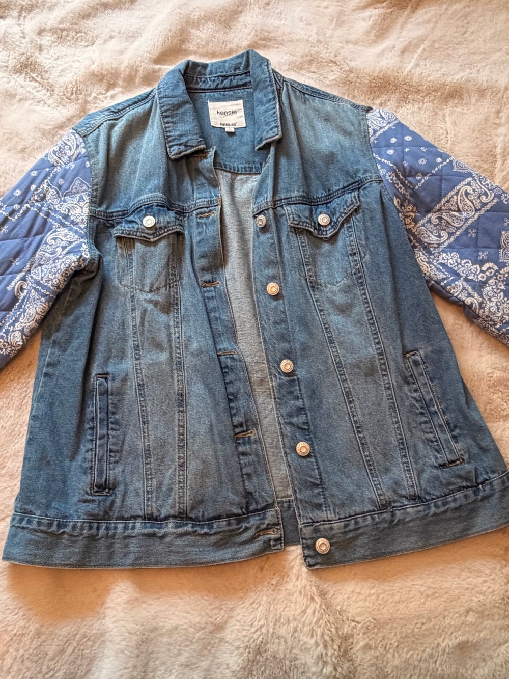 Kensie Jeans Vintage Luxe Denim Jacket Quilted Bandana Sleeve Detail Size Large